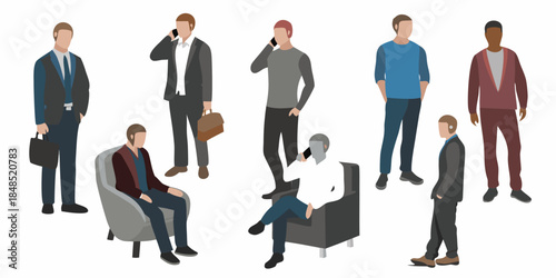 Diverse group of stylized men in various poses and attire are shown