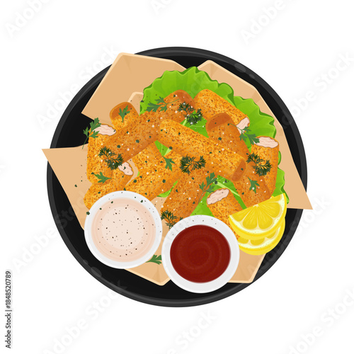 Vector Illustration Logo Clip art Top View Homemade Crispy Baked Fish Sticks or Fish Fingers