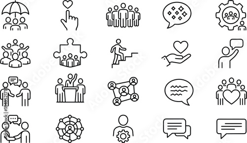Community social support line icons set, teamwork collaboration communication symbols collection, people network charity unity vector illustration pack design elements