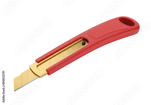 Red utility knife PNG isolated on transparent background, box cutter with retractable blade for cutting cardboard and packaging
