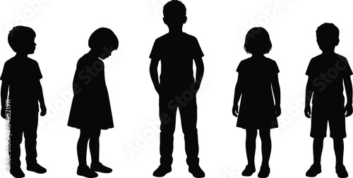 Children silhouette illustration, kids standing poses collection, boy girl shadow figures isolated, childhood people outline vector on white background design