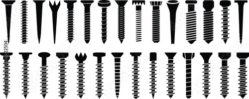 screw icon set showing different hardware fasteners for construction diy and technical diagrams, vector illustration