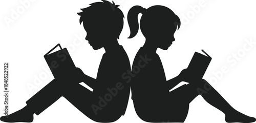 Children reading books silhouette illustration, boy and girl studying together, education concept, learning activity, childhood literacy, black vector art