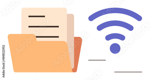 Open file folder holding documents paired with a wireless connectivity icon. Ideal for cloud storage, data transfer, file sharing, document management, remote work, internet access, simple flat
