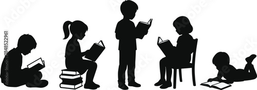 Children reading books silhouette illustration, kids learning education concept, childhood study activity, literacy growth, black vector art design