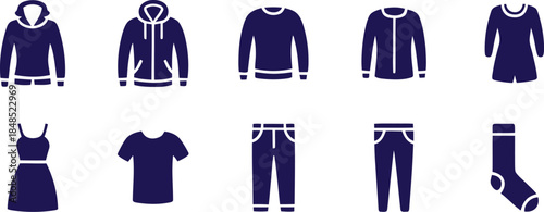 clothing icon set with minimalist apparel silhouettes for fashion and garment design, vector illustration