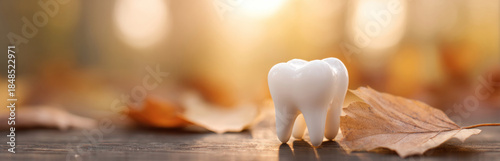 A single white tooth standing on a wooden surface surrounded by autumn leaves.