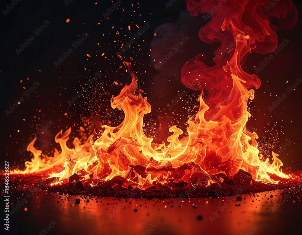 Fototapeta premium Fiery flames erupt from embers against a dark backdrop