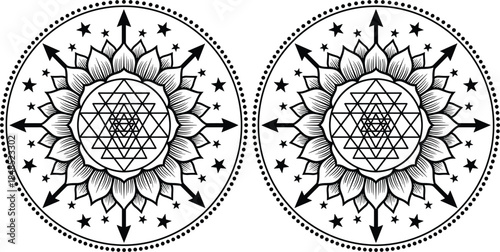 Sacred geometry mandala illustration with lotus flower, directional arrows, mystical spiritual symbol design, black and white vector art