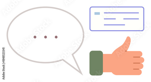 Speech bubble with ellipsis, a text message, and thumbs-up gesture. Ideal for communication, approval, feedback, social interaction, teamwork support digital messaging. Simple flat metaphor