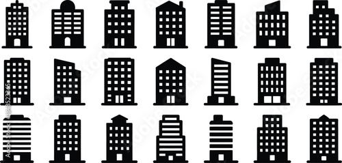 city building silhouette set with modern skyscraper outlines in black style, vector illustration