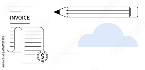 Business finance, cloud storage, documentation, online invoicing, payment processing, data organization. Invoice documents with a pencil and cloud graphic. Business finance and cloud storage concept