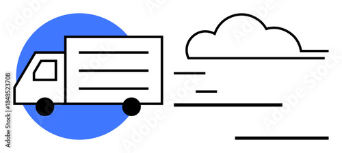 Delivery truck driving with speed lines, blue circle backdrop, and cloud accent. Ideal for logistics, shipping, fast delivery, transportation, e-commerce supply chain efficiency. Simple flat