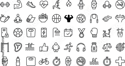 Fitness health line icons set, workout exercise nutrition wellness symbols collection, gym sport lifestyle vector illustration pack design elements modern
