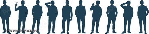 people silhouette set in dark blue showing standing poses teamwork and diversity, vector illustration