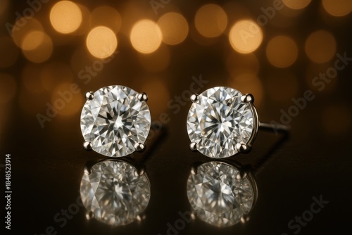 Elegant diamond stud earrings reflecting on glossy surface with warm glowing bokeh, highlighting luxury and brilliance in fine jewelry