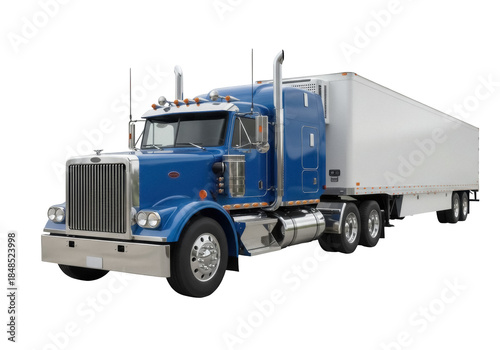 Cuadro en lienzo Blue semi-truck with white trailer isolated PNG, commercial transport vehicle fo