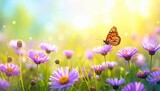Abstract Defocused Spring - Purple Daisies And Butterfly On Grass In Sunny Field.