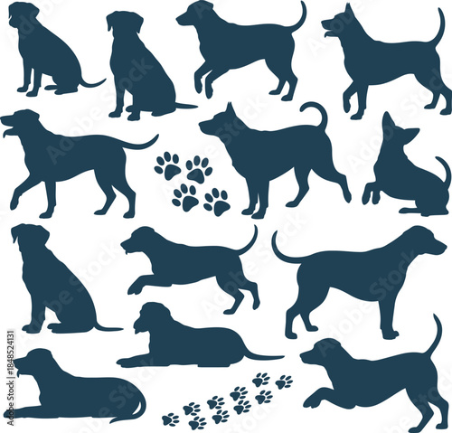 dog silhouette collection with various poses activities and movements, vector illustration