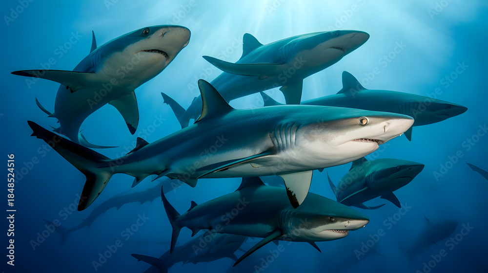 Fototapeta premium A pod of sleek grey reef sharks swimming together in clear blue ocean water, with sun rays filtering down from above.