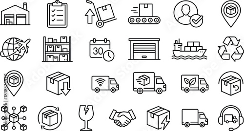 Logistics supply chain line icons set, warehouse delivery shipping symbols collection, transportation inventory tracking vector illustration pack design elements modern