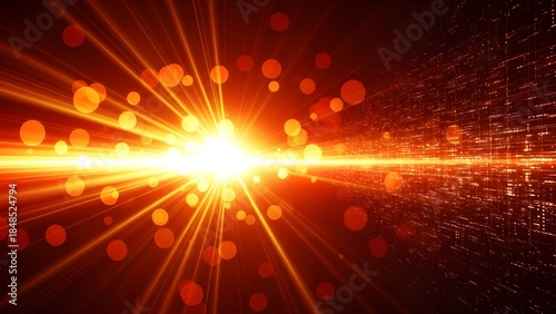 Bright light rays illuminating a digital data stream background with bokeh effect