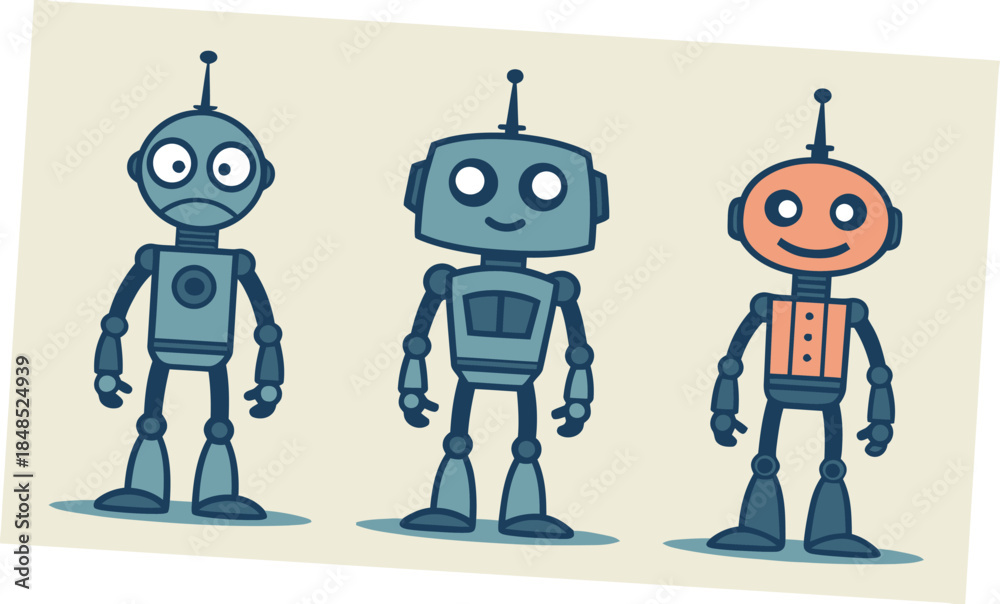 Obraz premium Three cartoon robots with different emotions standing together