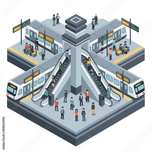 Isometric View of Busy Subway Station Platform.