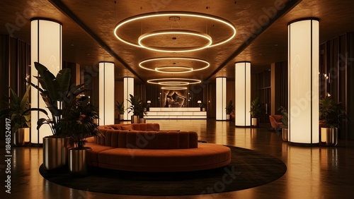 A luxurious hotel lobby featuring warm lighting and modern circular seating