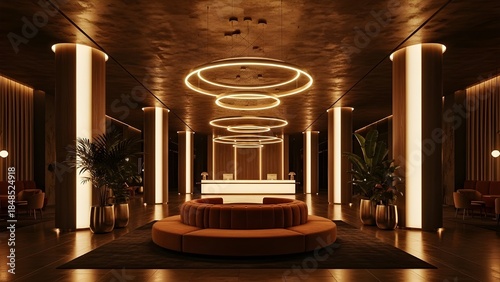 Luxurious modern lobby with golden lighting and symmetrical columns