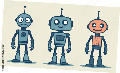 Three cartoon robots with different emotions standing together