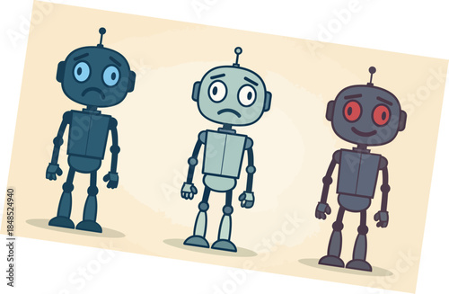Three robots with different emotions standing on beige background