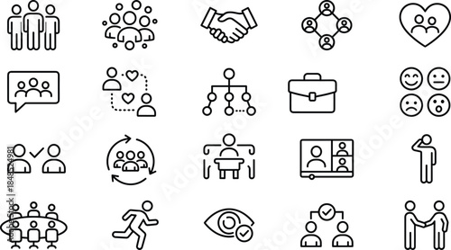 Teamwork collaboration line icons set, business people communication management symbols collection, human resources networking partnership vector illustration pack design elements
