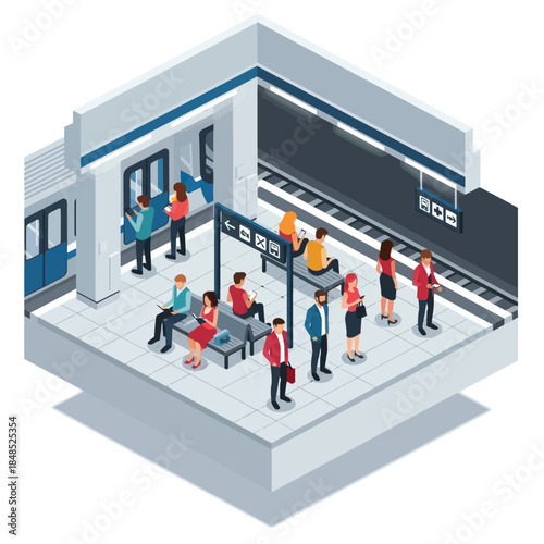 Isometric View of Busy Train Station Platform.