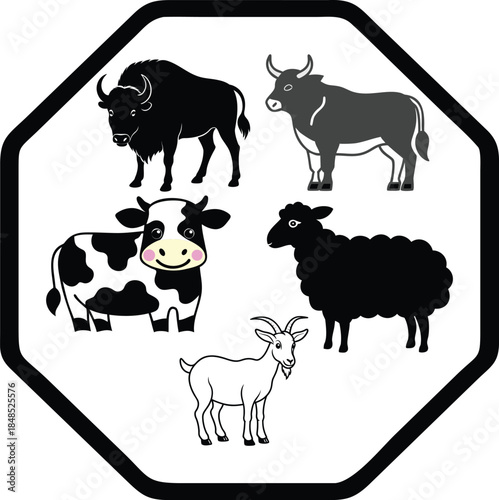 Diverse Farm Animals Collection in Octagonal Frame