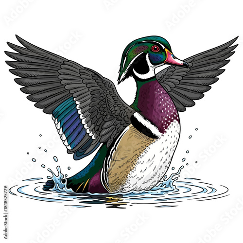 Wood duck male swimming in water with splashing ripples vector illustration isolated on white