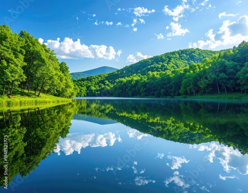 Lush green hills and trees perfectly reflected on a calm lake under a blue sky.