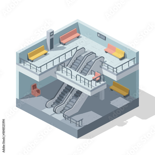 Isometric View of Modern Shopping Mall Interior.