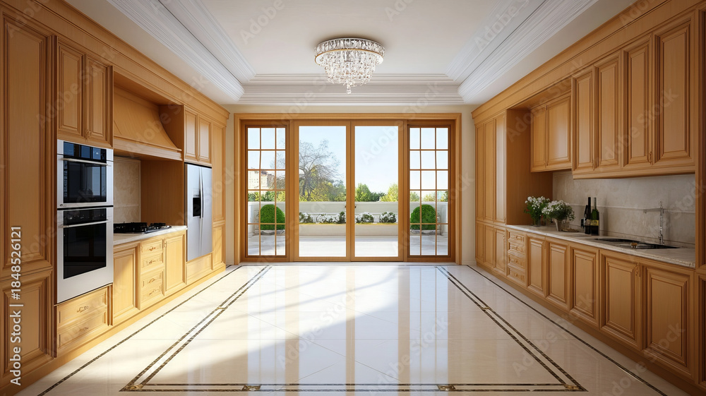Obraz premium Elegant kitchen with carved wooden cabinets, marble countertop, large windows, and bright