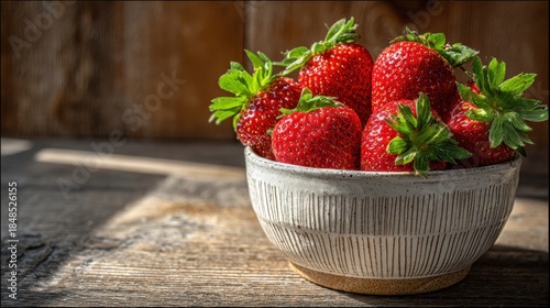 Fresh Red Strawberries in Ceramic Bowl on Rustic Wooden Table with Sunlight