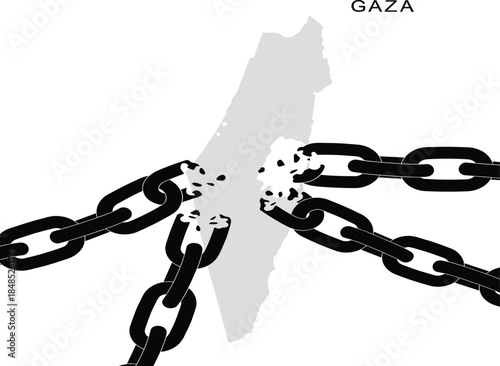 Map of Gaza area chained with thick black links on a white background Keywords: gaza, map, israel, palestine, chains, link, broken chains, blockade, restriction
