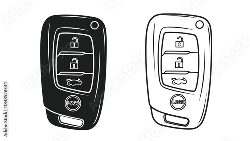 A side by side illustration of black and white car key fobs with buttons