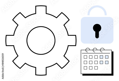Cogwheel, padlock, and calendar emphasizing process management, secure systems, and efficient scheduling. Ideal for collaboration, planning, security, workflow productivity protection project