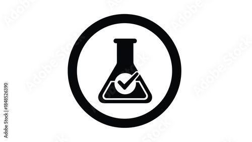 Simple black and white icon depicting a flask inside a circle