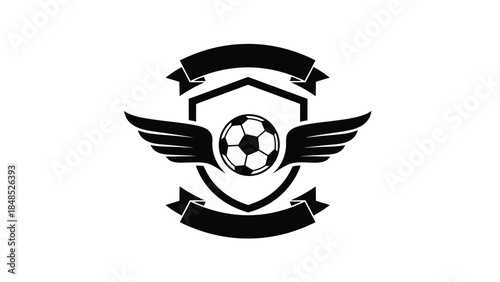 A black and white emblem featuring a winged soccer ball within a shield shape