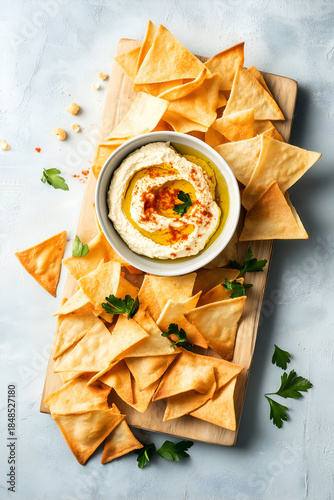 Crispy Tortilla Chips and Hummus Dip in Bowl with Paprika and Parsley