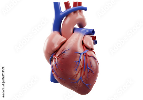 Realistic human heart model isolated PNG, anatomical organ with arteries and veins on transparent background, medical diagram for educational use