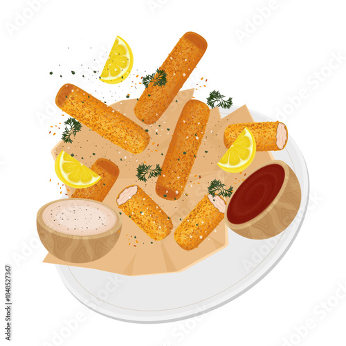 Vector Illustration Logo Clip art Levitation Fish Stick with Sauce