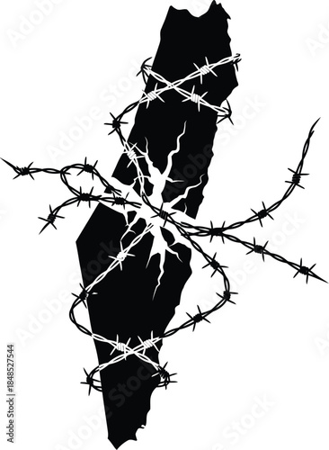 Silhouette of a map of Palestine with a crack and barbed wire wrapped around it on a white background