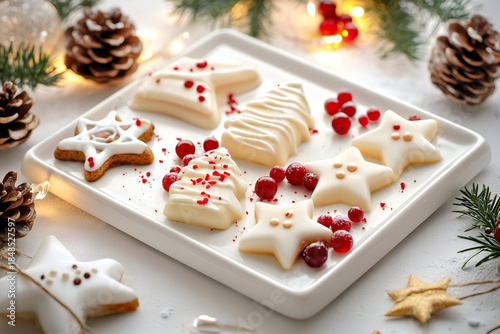 Christmas Star and Tree Shaped Cookies with White Icing and Red Berries